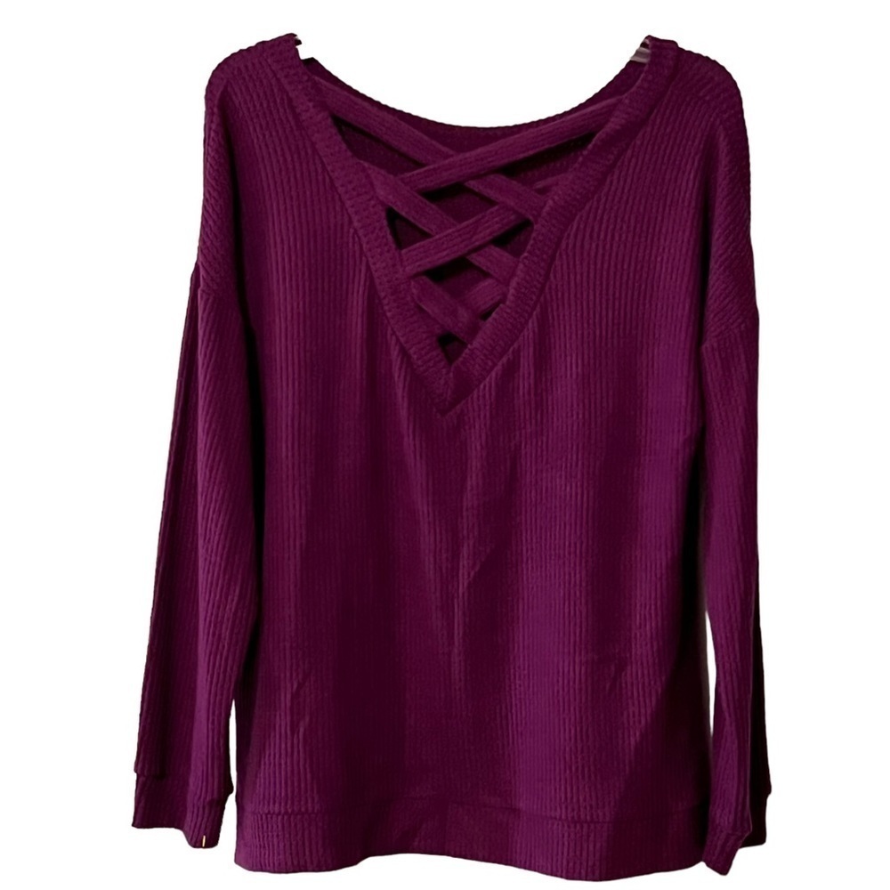 NWT 1. STATE Waffle Knit Lattice Back Thermal Criss Cross Back Shirt Top M Pu…